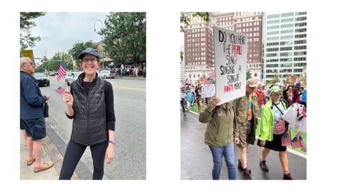 A collage of two photos, showing the animated protestors under cloudy skies.