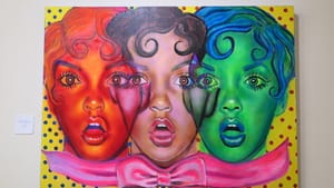 Close-up portrait of a young Black woman in triplicate, looking shocked, in orange, natural tones, and then green.