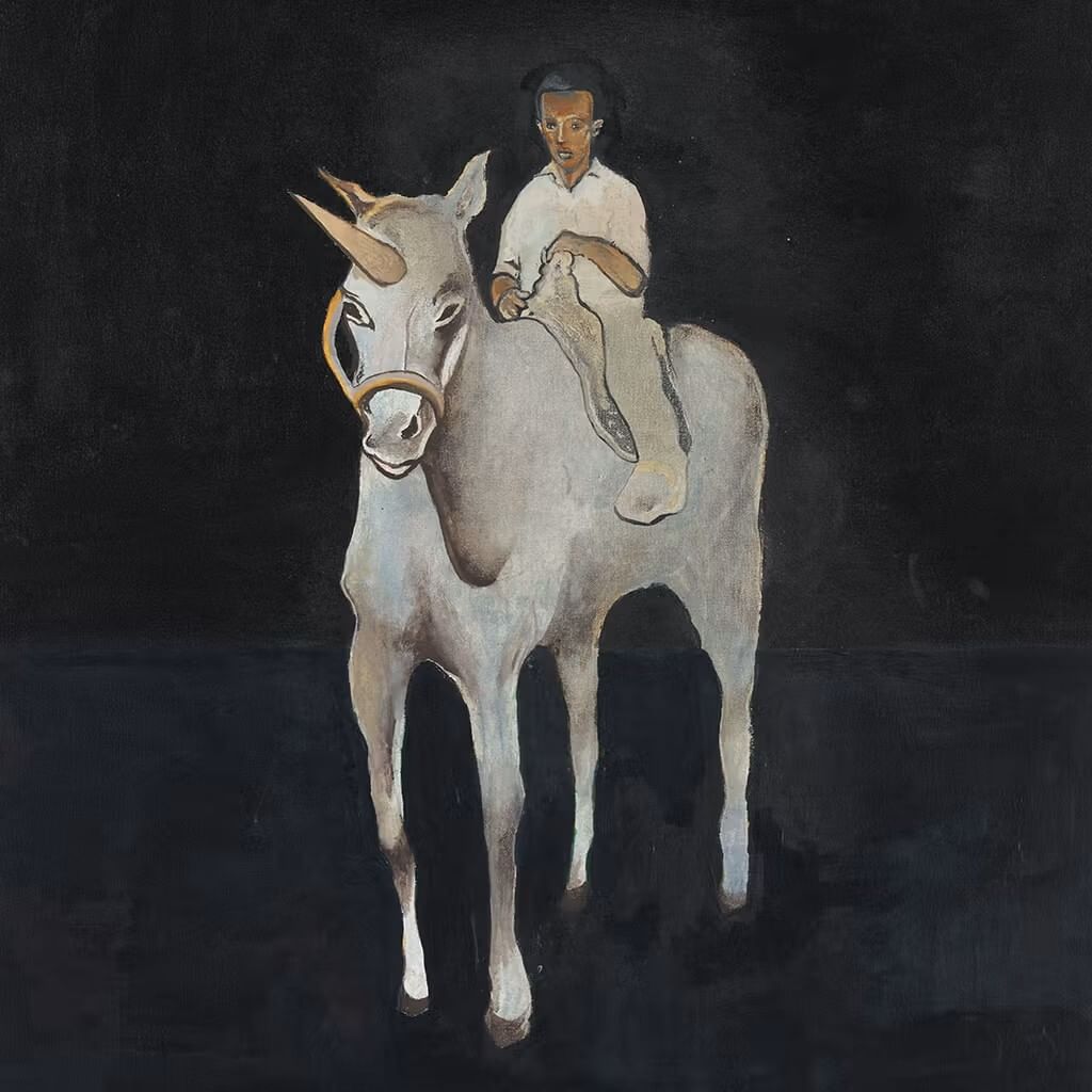Melancholy yet whimsical painting of a Black man sitting on a downcast unicorn on a dark night, in front of a flat horizon.