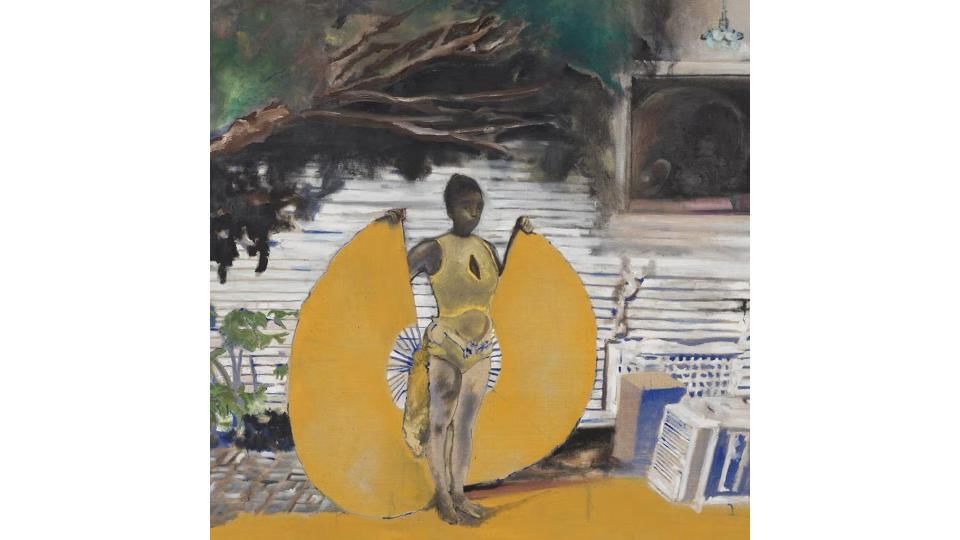 Evocative painting of a young black woman in a yellow bathing suit, both hands holding a sun-like disk behind her.