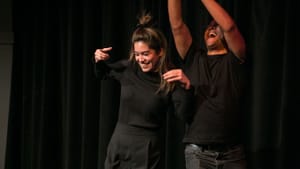 Life’s ultimate goal: writer Kelly Conrad (left) performs with an improv teammate in ‘Not Yet Rated.’ (Image courtesy of Kelly Conrad.)