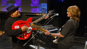 Stew and Heidi Rodewald play under the watchful eye of James Baldwin. (Photo courtesy of FringeArts)