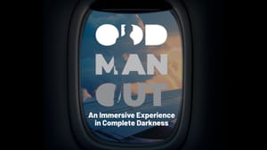 The title text with “an immersive experience in complete darkness’ over an airplane window looking out to the sky