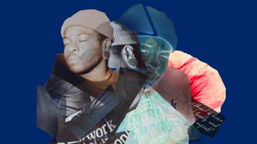 Sepia, pink, blue & turquoise photographic & mixed media collage showing a Black person with a peaceful expression