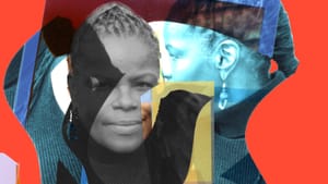 Orange, blue & yellow collage of a Black woman with long, fine locs wrapped in an elegant twist along the top of her head.