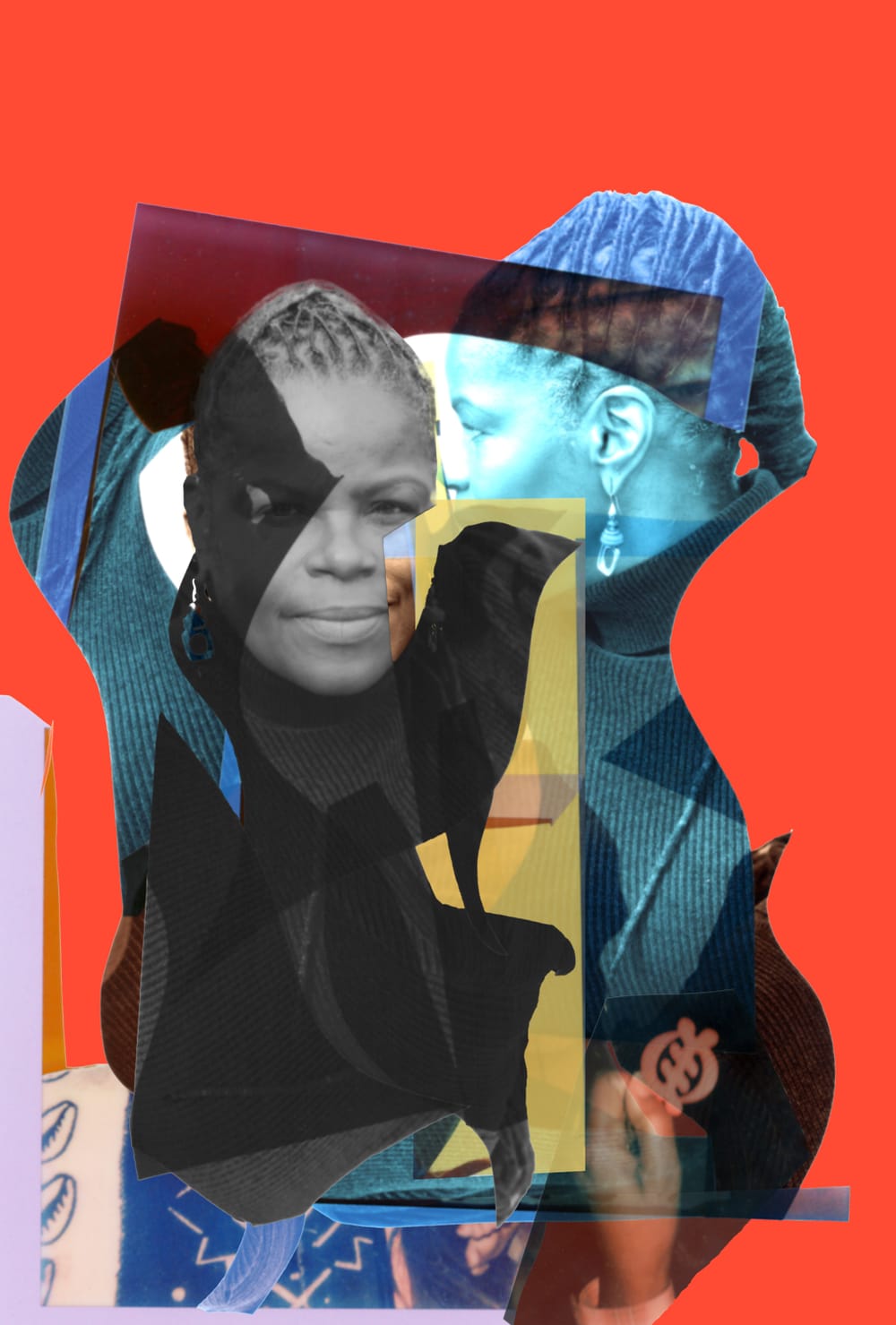 Orange, blue & yellow collage of a Black woman with long, fine locs wrapped in an elegant twist along the top of her head.