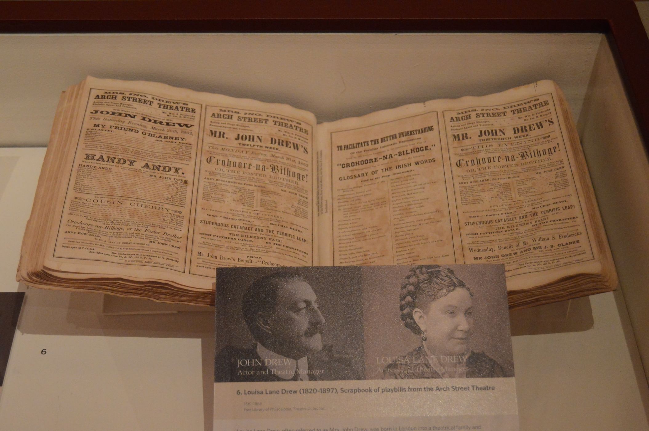 Louisa Drew's Playbill scrapbook on display. (Photo courtesy of the Rosenbach Museum.)