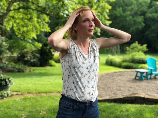 Nina Covalesky plays a professor who's afraid of a student. (Photo by Brian Buttler.)