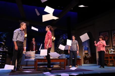 L to R: Kevin Kilner (Lyman Wyeth), Deirdre Madigan (Silda Gauman), Liza J. Bennett (Brooke Wyeth), Charles Socarides (Trip Wyeth), and Patricia Richardson (Polly Wyeth). (Photo by Joan Marcus.)