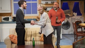 Dennis (Liam Mulshine) meets his girlfriend's parents: Michael (Andrew Criss) and Margaret (Nancy Boykin). He's in for some surprises. (Photo by Kate Raines/Plate 3 Photography.)