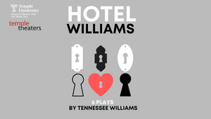 Promo image. 'Hotel Williams' is written in B&W characters, with keyholes underneath, one is shaped like a heart