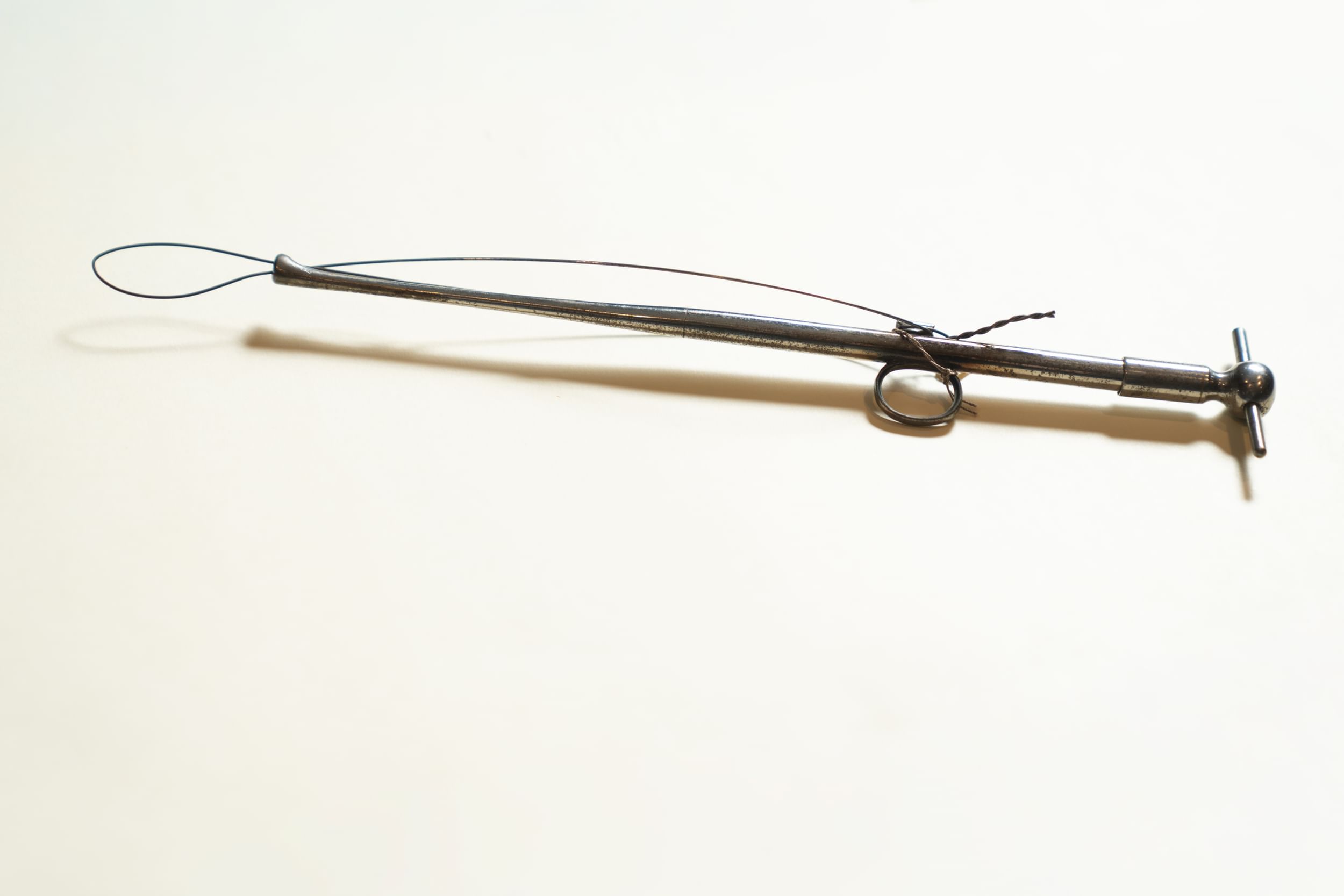 Closeup on a hand-size silver instrument with a central pole and a delicate looped wire mechanism at one end.