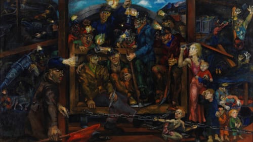 Coal-darkened people holding picks & chains, including children & a woman in a pink dress, crowd around a mine entrance.