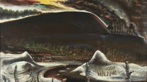 A dramatic smoky yellow sky over a hill with a tiny train puffing up, smokestacks at right & icy river at the foreground.