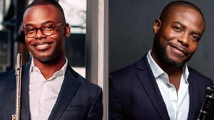 Two portraits spliced together of two Black men in formal black suit jackets and white buttonups, both with wind instruments