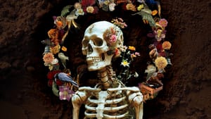 A bare skeleton. A floral wreath circles around it from shoulder, over head, to other shoulder, against a clay/dirt backdrop
