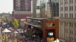 A past PIFA street fair. Yes, the T-Rex down there is real. (Photo courtesy of the Kimmel Center.)