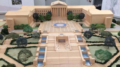 A small 3D model of the Art Museum shows a large rectangular cut-out for a window in the east stairs.