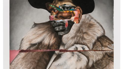 Quinn’s portrait of a Black man with a luxurious hyper-realistic painted fur coat & startling large-featured collage face