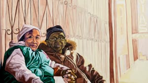 Bright oil painting of two older Black people smiling and comfortably holding hands on a bench on a chilly, sunny day.