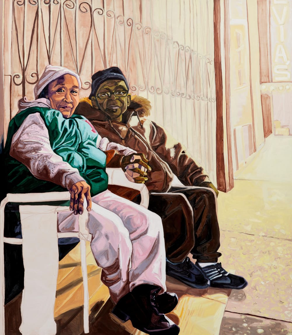 Bright oil painting of two older Black people smiling and comfortably holding hands on a bench on a chilly, sunny day.