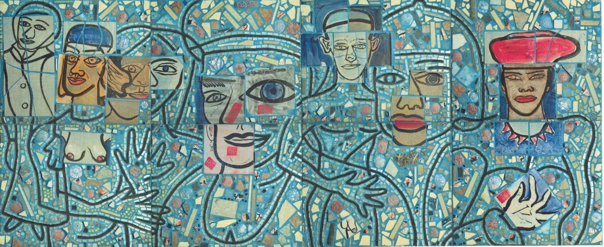 Large rectangular mosaic, mostly blue with highlights of red, depicts seven people in a compelling abstract style.
