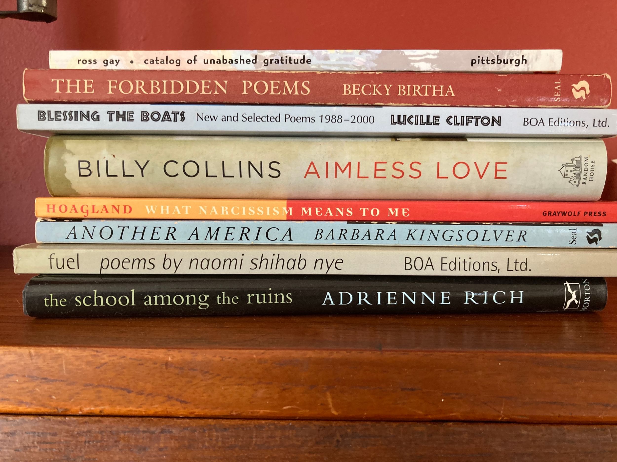 Small stack of poetry books, including Lucille Clifton, Adrienne Rich, Naomi Shihab Nye, Billy Collins & Becky Birtha.