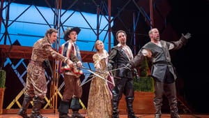 All for one and one for all. L to R: Porthos (Zack Robidas), D’Artagnan (Sean Patrick Higgins), Sabine (Stephanie Hodge), and Musketeers Aramis and Athos (Alex Sovronsky and Ian Merrill Peakes). (Photo by Lee A. Butz.)