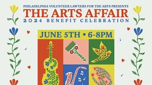 The 2024 Arts Affair logo, with colorful illustrations of a guitar, sax, bird, paintbrush, and palette and a floral border.