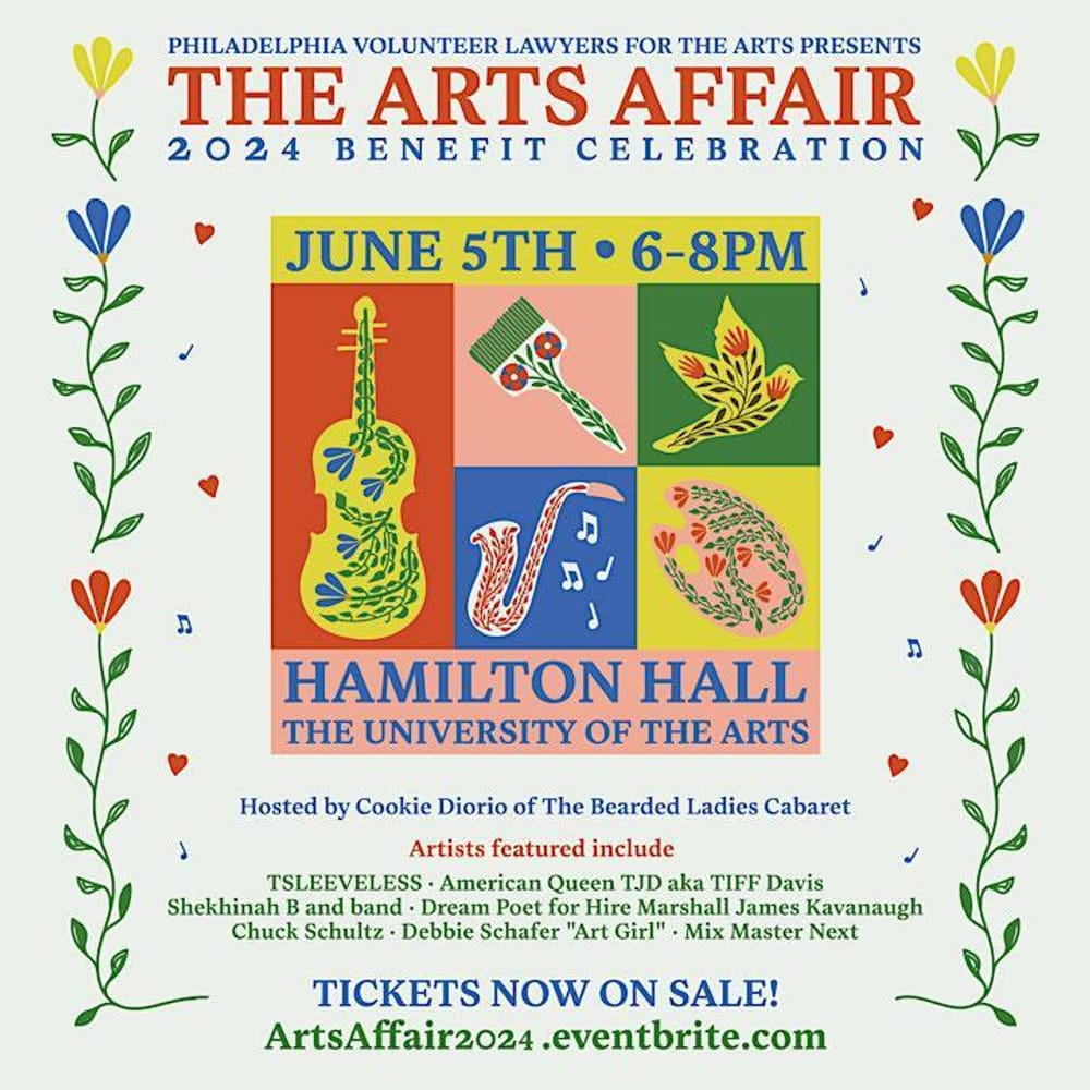 The 2024 Arts Affair logo, with colorful illustrations of a guitar, sax, bird, paintbrush, and palette and a floral border.