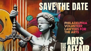 Logo for the 2025 PVLA Arts Affair on May 15, with a Justice is Blind statue.