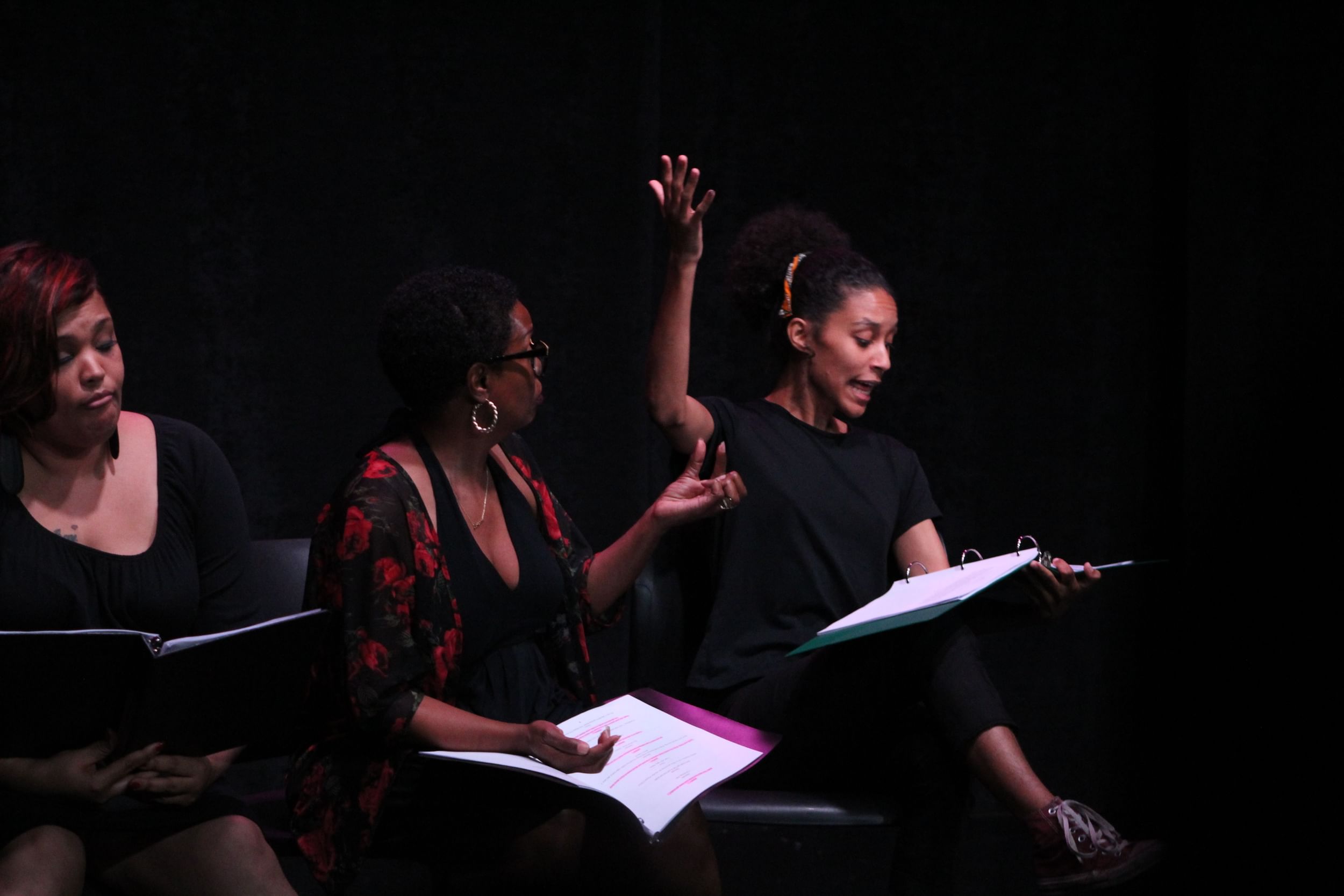 Stories about sisterhood: Nicole Stacie, Nancy Marie, and Ashley Davis in PWFT’s one-acts. (Photo by Kristin Curley.)