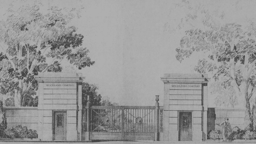 Drawing of the Woodlands' front gates, by Paul Cret. (Photo courtesy of the Woodlands.)