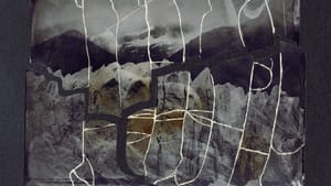 A photo of a glacier or icey area in black and white, with white lines marking over the photograph.