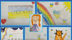 A collage of children's illustrations, including an orange cat, rainbows, various colored hearts, and Ukraine flags