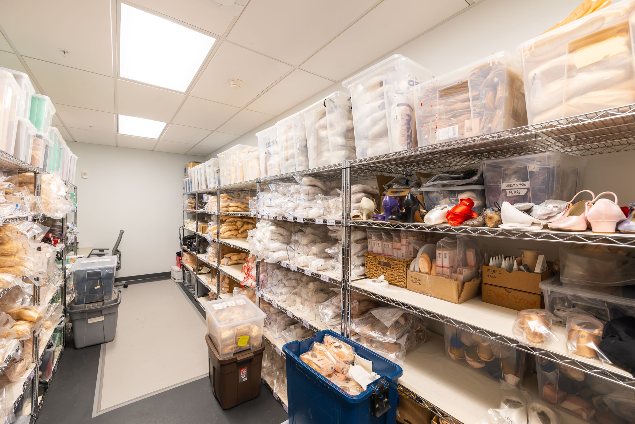 A storage room full of multi-colored pointe shoes in the Philadelphia Ballet’s new building.