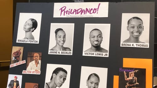 Poster outside the venue with 4 color headshots of the choreographers and 6 black & white headshots of dancers.