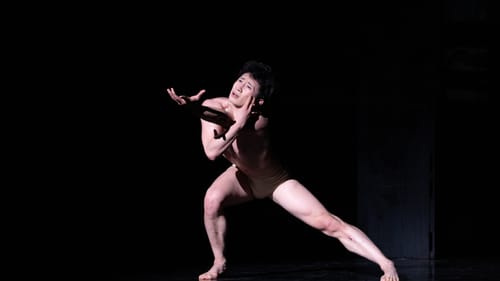 Liang, naked except for skin-colored bottoms, bends with one arm desperately outstretched against a black backdrop.