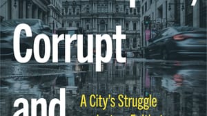 Book cover: Title in large white letters from top to bottom, superimposed over a photo of City Hall on a rainy day.