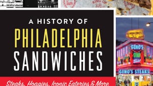 Book cover: Title in a black box at center with a collage of vintage and modern Philly sandwich photos around it.