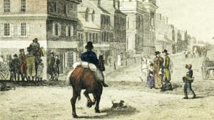 The book cover. Title appears above as if stamped in red ink, on a pen & ink rendering of a historical Philly street.
