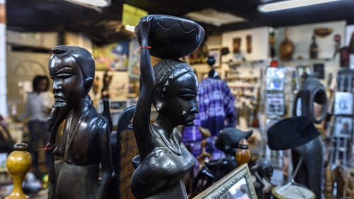 Sculptures at the African Art Forum, 52nd Street, Philadelphia. The Forum's products are available in the Perelman Building's PHLA store. (Photo by Timothy Tiebout, Philadelphia Museum of Art.)
