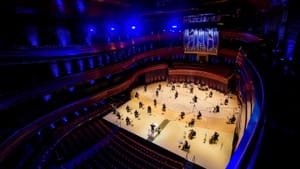 Orchestra members in tune with each other, despite their distance. (Photo by Jeff Fusco.)