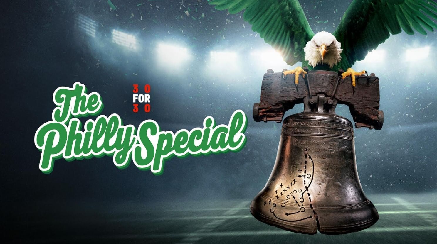 Promo for the film, with title at left in green, and a green eagle carrying the Liberty Bell through a stadium at right.