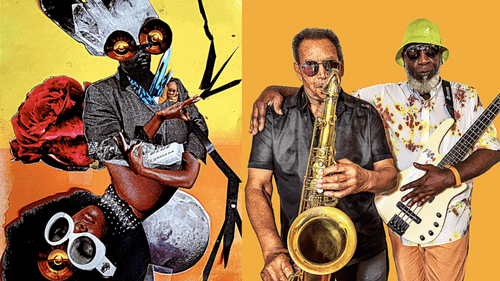 A mashup image with a colorful magazine-collage style at left; solemn yet fun photo portrait of Pope & Tacuma at right.