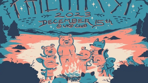 An illustration with animals around a campfire, Philthfest 2023 titled at the top