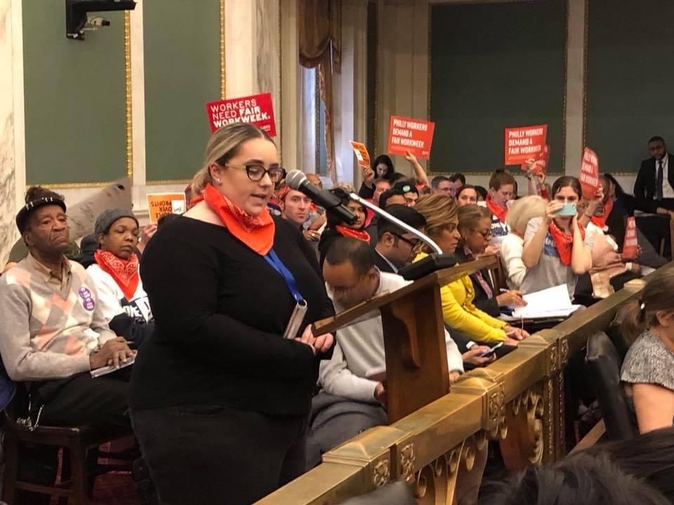 Nardy testifying at the Fair Workweek final passage City Council hearing in December 2018. (Photo courtesy of Madison Nardy).