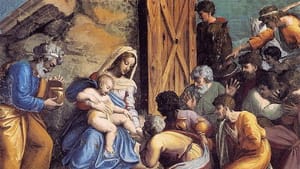 Photo of Raphael’s Adoration of the Magi, with a blue-robed Mary & chunky Christ child at center of bowing crowd of robed men