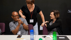 Playwright Jonathan Payne, dramaturg and artistic associate Michele Volansky, and director Katherine Brook. (Photo by John Flak)