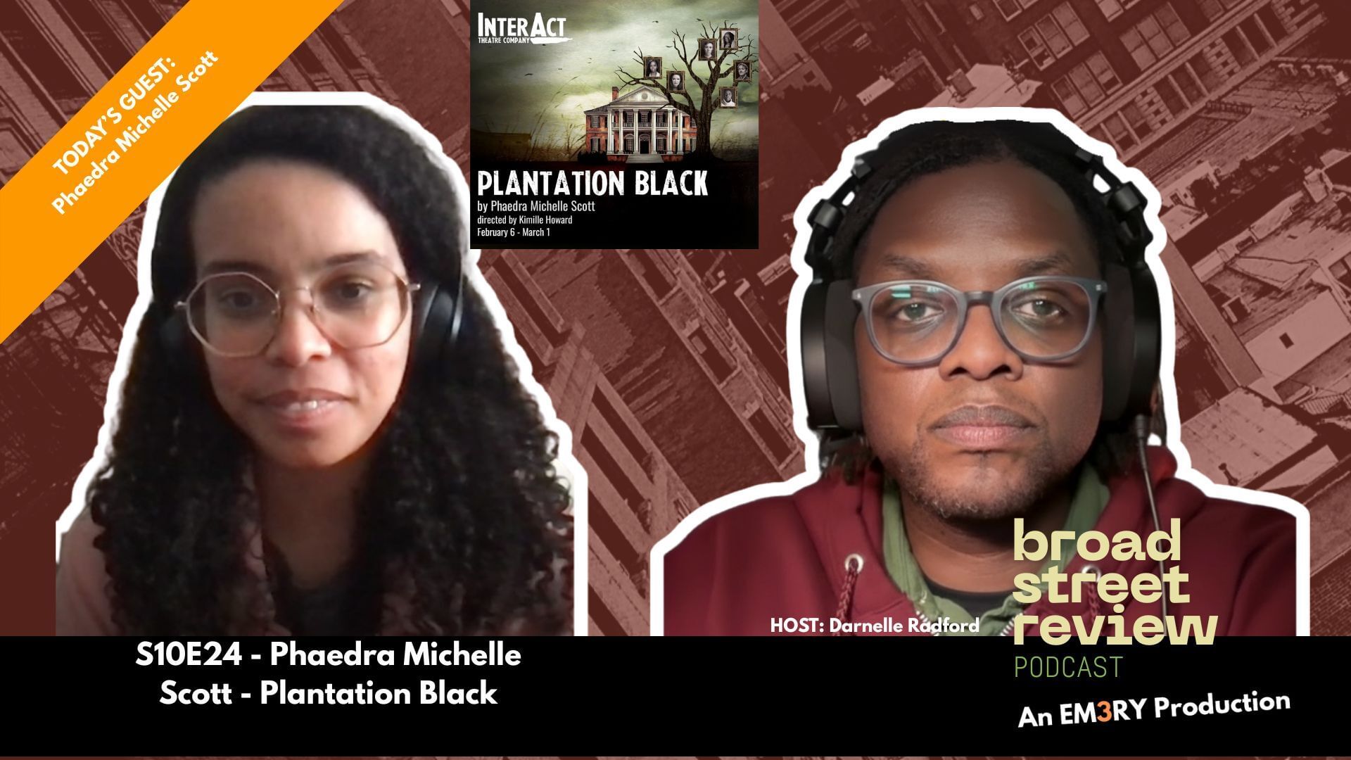Collage image with Scott, a Black woman, at left, and Darnelle, a Black man, at right, both wearing headphones.